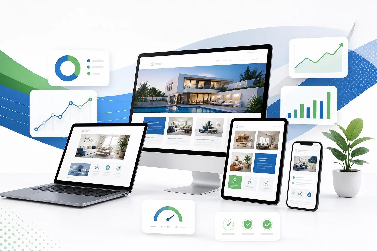 Responsive website portfolio showcase with project screens, growth charts, and performance indicators
